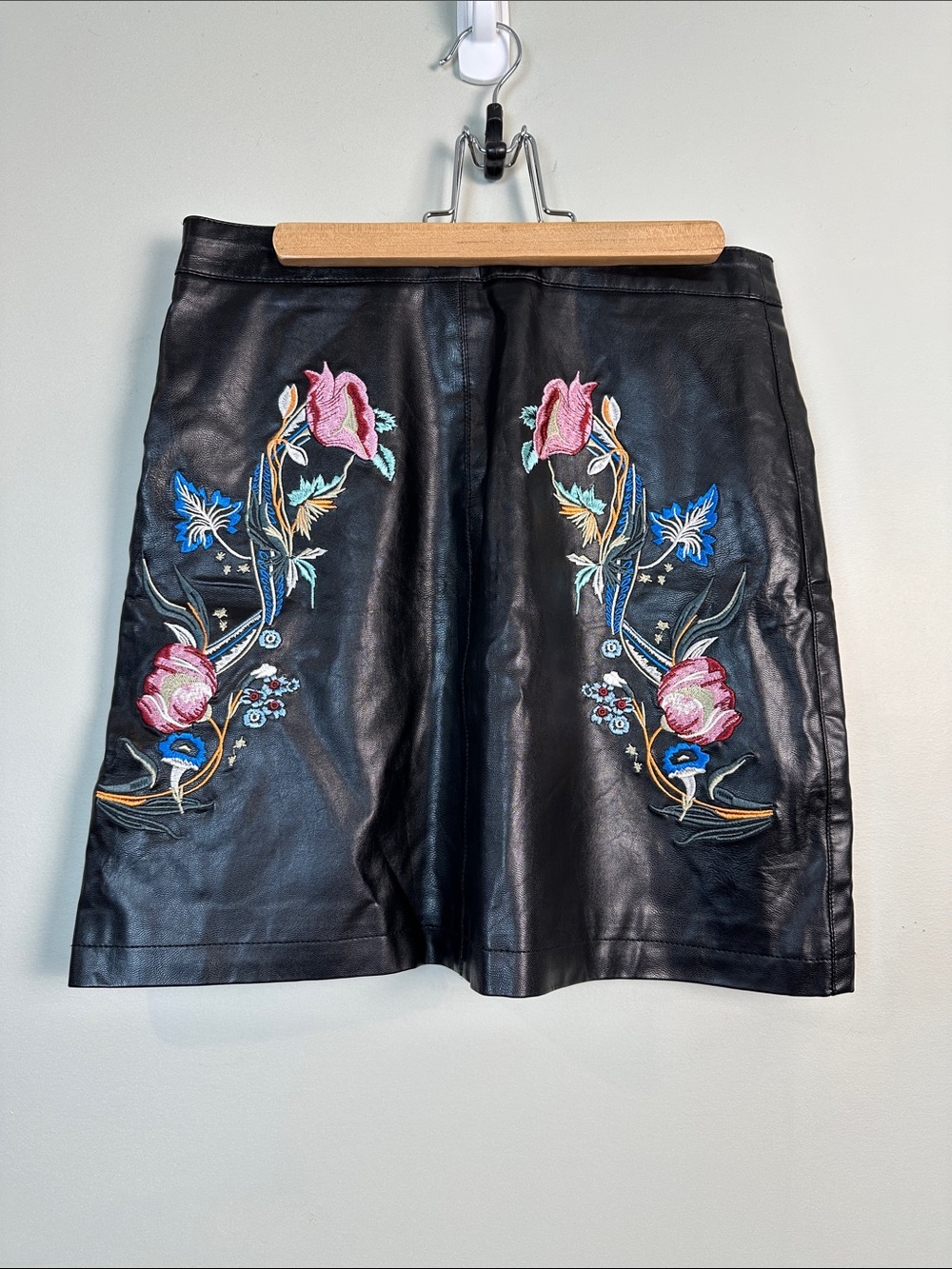 California moonrise faux leather floral embroidered mini skirt Anthropologie